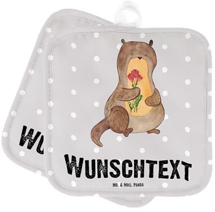 Mr. & Mrs. Panda Personalisierte Topflappen Otter Blumenstrauß - Personalisierte Geschenke, Topflappen Set personalisiert, Personalisierte