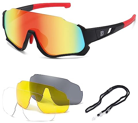 DUCO Polarisierte Kinder Sonnenbrille Jugend Baseball Sonnenbrille Sport Teens Radfahren Sonnenbrillen Jungen Mädchen mit 3 Linsen DK280 (Schwarz Rahmen Rot Bügel Orange Farbig Linse)