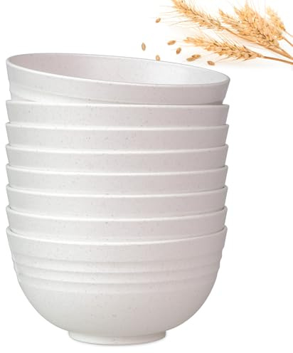 GENLGE 26 OZ Wheat Straw Reusable Cereal Bowls Set of 8, Microwavable Dishwasher Safe BPA Free Unbreakable Kitchen Bowls for Soup Snack Rice Salad - White