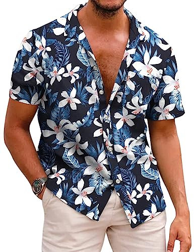 COOFANDY Hawaii Hemd Männer Kurzarmhemd Baumwolle Hawaii Kurzarmhemd Blumen Shirt Strandhemd Faltenfrei Urlaub Shirt Button Down Hemden for Herren A-Schwarz L