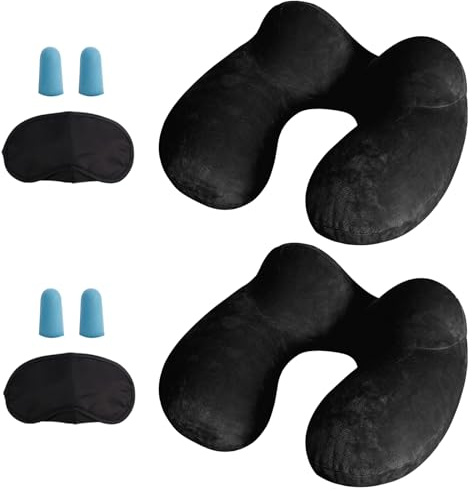 LUZWAY Almohada de Viaje Hinchable, Cojin de Viaje Cuello con Máscara de Ojos, Tapones y Bolsa, Inflable Cojin Cervical Viaje Almohada Cervical Viaje para Avión Tren Coche Bus