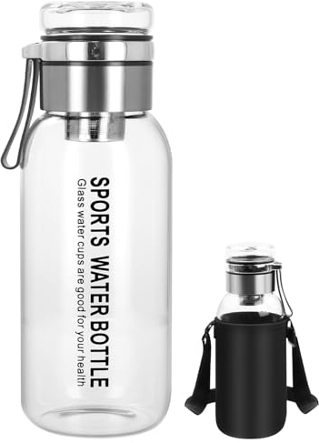 Shengxi Glasflasche 1000ML, Trinkflasche mit Edelstahl Filtersieb, Transparent Wasserflasche mit Wasserflaschenhüllen Tragbare Schwarz, Glastrinkflasche für Wasser & Getränken