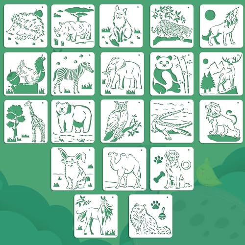 WANTOUTH 20 Pezzi Stencil Animali 15x15cm per Pittura - Modelli Riutilizzabili in Plastica per Bambini, Scrapbooking, Artigianato e Fai da Te
