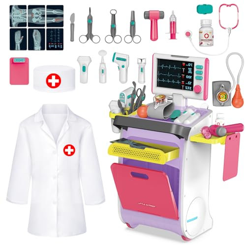 deAO Arztkittel Doktor Spielset Rollenspiel Kit, Arztwagen Arztkoffer Kinder Doktorkoffer mit Stethoskop, Thermometer, Spritze, Arzt Set, Medizinisches Spielzeug Geschenke für Kinder ab 3 (Rosa)
