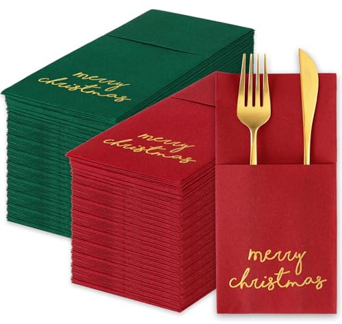 JarThenaAMCS 50 st god jul linnekänsla servett guldfolie engångs flyghjälpspapper servett röd grön förinställd middagsservett med inbyggd bestickficka för jul vinterfesttillbehör