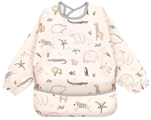 Little Dimsum Lätzchen Baby Lätzchen mit Ärmeln, Lätzchen Wasserdicht Abwaschbar Ärmellätzchen, Baby Bibs Set für Kleinkinder mit Großer Tasche (6-36 Monate)（Zoo）