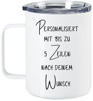 GRAZDesign Wanderbecher Wunschtext 5 Zeilen, individuelle Beschriftung, Edelstahlbecher mit Deckel Thermo 400ml
