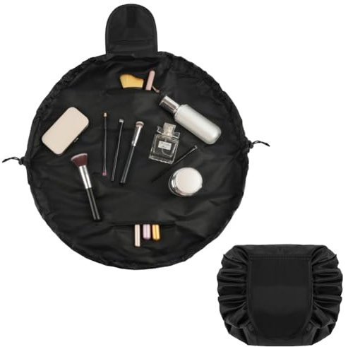 URAQT Lay Flat Drawstring Makeup Bag, Large-Capacity Travel Cosmetic Pouch, Portable Quick Pack Lazy Drawstring Make Up Bag for Daily Use, Magic Cosmetic Bag with Small Pocket for Women, Black