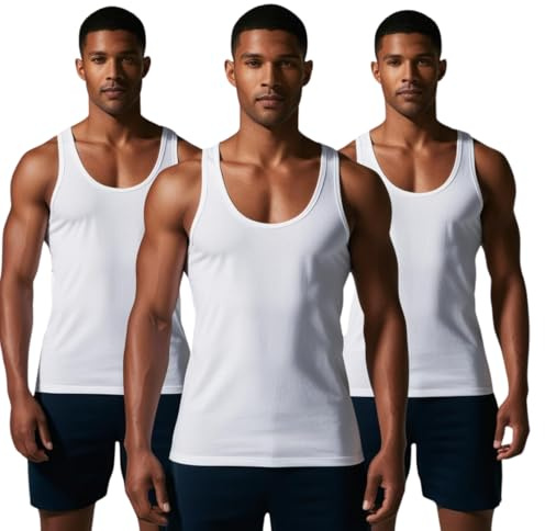 COSHAL 3 herr 100 % bomull linne väst ärmlös undertröja linne för gym träning toppar män västar enkel t-shirt för vardag atletiska kläder 3-pack, vita män plus size väst, Vitt, XL