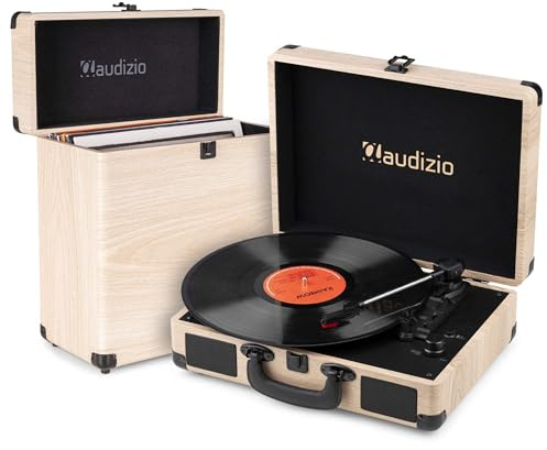 Audizio RP116LW Tocadiscos Retro Maleta Efecto Madera con Bluetooth in/out, Altavoces estéreo Integrados, 33/45/78 RPM, digitalización MP3, Incluye Estuche RC32 para 35 vinilos