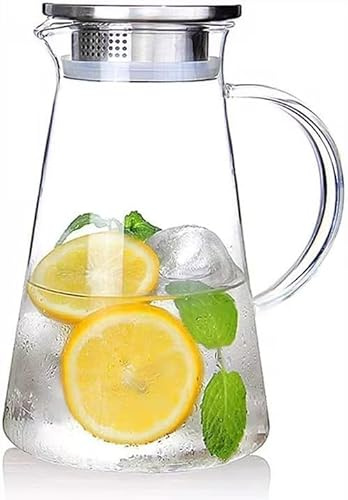 Home & Treat 1.8 Liter Glass Pitcher with Stainless Steel Lid Borosilicate Cold Hot Water Carafe Jug for Beverages Juice Iced Tea Wine Coffee Milk Dishwasher Safe