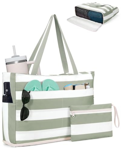 WANDF Beach Bags for Women, Large Waterproof Sandproof Beach Tote Bag with Zipper Family Pool Bags with 40oz Tumbler Pocket, Swim Cruise Vacation Essentials (Green)