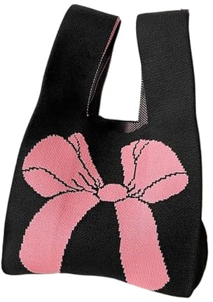 Handledsväska med knut dam stickad återanvändbar avslappnad fjärilsknut handväska mode 20 x 36 cm (svart)