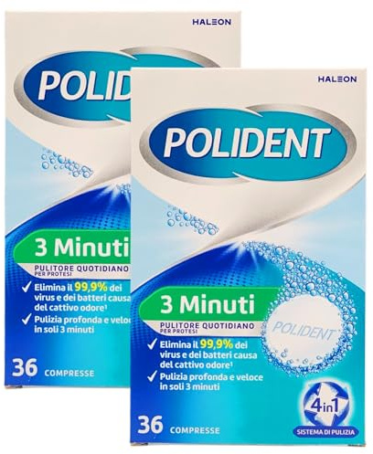 Pulitore Quotidiano 3 MINUTI Per Protesi Parziali e Totali. Pulizia Profonda e Veloce, Sistema 4 In 1. Confezione Da 36 Compresse (2 Confezioni)