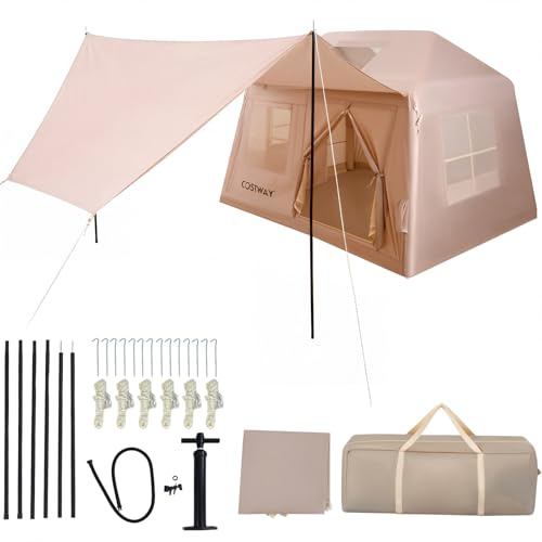 COSTWAY Tenda da Campeggio Gonfiabile per 4-6 Persone, Tenda Portatile da Esterno con Pompa, Porte e Finestre in Rete, Picchetti, Cordini Antivento e Borsa per il Trasporto per Viaggi e Escursionismo