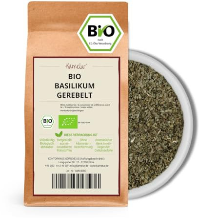 Kamelur 500g de Basilic BIO séché et râpé, sans additifs - l'épice BIO parfaite pour la cuisine italienne - dans un emballage biodégradable