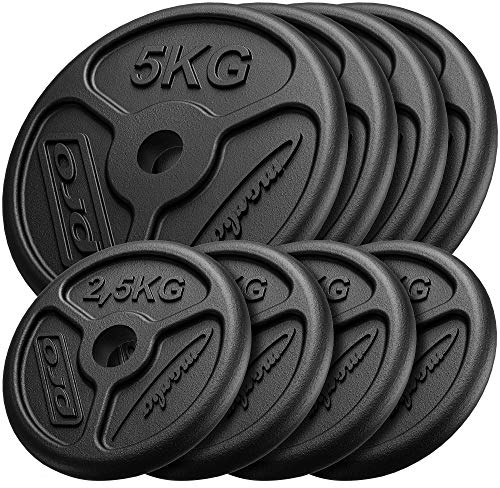 Marbo Sport, Olympia Hantelscheiben Set aus Gusseisen, Langhantelstangen, Gewichte Hantel Bar, Home Gym, Armtrainer - 4 x 5 kg + 4 x 2,5 kg MW-4x5KG_4x2,5, KG-Slim