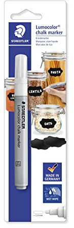STAEDTLER Lumocolor 344 Chalk Marker – Bianco, singolo, 2,4 mm | Pennarello a gesso per lavagne, lavabile – a basso odore, a base d’acqua – Codice articolo 344-0 BK