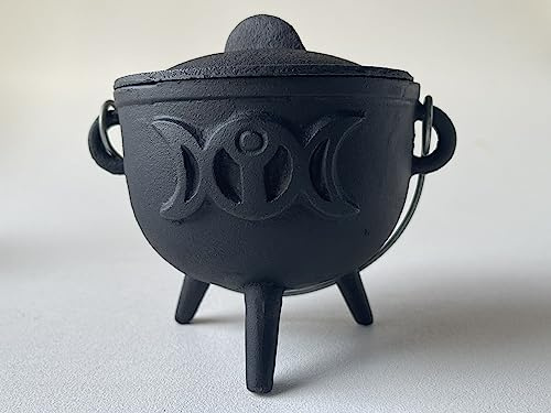 Trippel måne gjutjärn kittel med lock och handtag, häxor kittel, bra att använda med kolrökelse, fläckar salvia, 10,8 cm – 11,5 cm