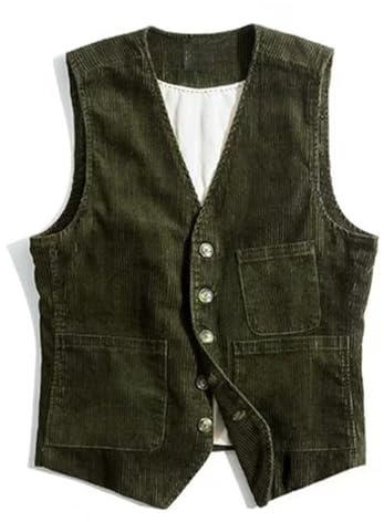 NLONGCH Gilet da uomo vintage in velluto a coste, senza maniche, con scollo a V, tinta unita, caldo, senza maniche, con tasche, per feste di lavoro, Verde, L