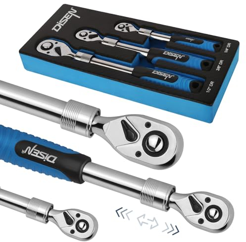 DISEN 3PCS Extendable Ratchet Wrench Set,1/4 3/8 1/2 Drive 72-Tooth, Quick-Release, Reversible Drive Socket Wrenches,Soft Grip Handle with Storage Tray