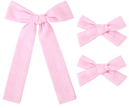 DEEKA Light Pink Cotton Linen Hair Bows 2 Sizes 5&3.5 Soft Hair Bow set for Toddler Girls Long Ponytail Knot Bows Alligator Clip Hair Accessories for Little School Girls (Light Pink)