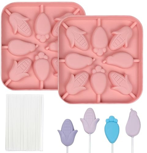 EDUEE Lot de 2 moules à sucettes en silicone pour carotte, chocolat, maïs, carotte, aubergine, 8 cavités, avec 25 bâtonnets