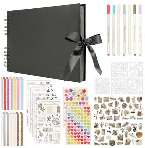 Album Photo Scrapbooking, 80 Pages Album Photos 29 x 21,5 cm Albums pour Scrapbook avec Stylos MéTalliques Coin Photo Autocollant, DIY Cadeaux pour Bebe Mariage Enfant Classe et Anniversaire, Noir