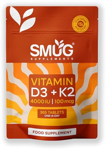 Vitamin D3 4000 iu & Vitamin K2 MK7 100μg - 1 Year Supply - 365 British Made Vitamin D3 K2 Tablets, High Strength Vegetarian D3 and K2 Vitamin by Smug Supplements