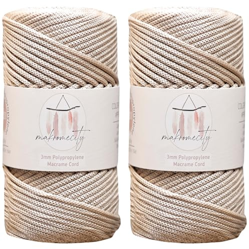 Makromecity 2 Skeins Polyester Macrame Cord 3mm x 131 Yards (394 Feet) Polypropylene Latte Cord for Crochet, Crafts, Wall Hangings, Bags, Underplate, Rug