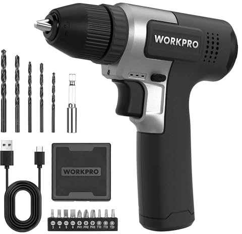 WORKPRO 8V Cordless Drill With 3/8 Keyless Chuck, 12 N.m Max Combi Driver, 2Ah Rechargeable Battery, 16 Pieces Accessories, Black