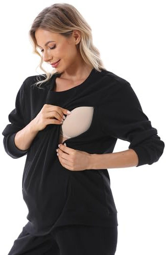 FEOYA Gravida kvinnor omvårdnad sweatshirt damer långärmad amningsskjorta sweatshirt amning topp mammamode varm tröja för amning, svart, M