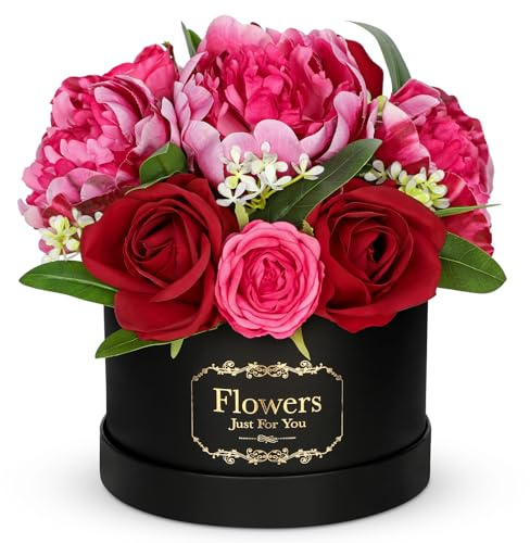 Hollyone Silk Artificial Flower Gift Box, 7'' Pink Red Floral Arrangements for Birthdays, Anniversaries, Fake Flower Bouquet for Wedding Decorations, Realistic Faux Roses and Peonies for Home Decor
