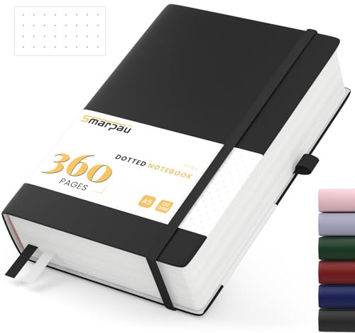 Smarpau Notizbuch A5 Gepunktetes, Hardcover Bullet Journal mit 100gsm 360 Seiten Dickes Papie, Tagebuch Leder Journal für Erwachsene Arbeit, Schreiben, Notizen, Lernen, Reisen, 14.5 x 21 cm-Schwarz