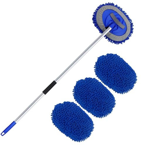 160cm 63'' Car Wash Brush with Long Handle, 180°Rotation Car Cleaning Brush, Extendable Car Wash Mop 2 in 1 Interior Duster Remover Scratch Clean Car Washing Kit for Wheel Truck Van Tyre Window Roof