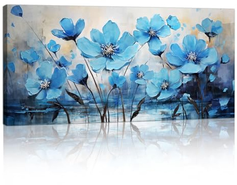 Blue Wildflower Large Canvas Wall Art, Framed Abstract Peony Poppy Floral Wall Paintings Nature Flowers Scenery Canvas Prints Pictures Minimalist Artwork for Living Room Bedroom Wall Decor 50x100cm