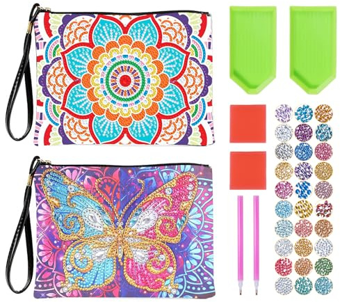 Carehabi Diamond Painting Beauty Case 2pcs DIY Diamond Painting Bag with Strass Bag Polso Donna Trucco Borsa Da Viaggio Vita quotidiana Mandala e Farfalla