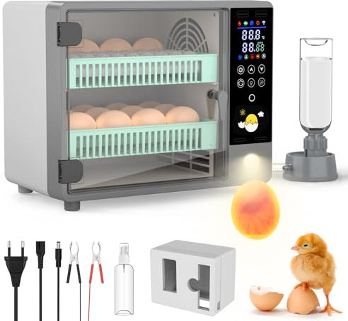 Brutautomat Vollautomatisch, Brutmaschine für 24 Eier mit Automatischem Wenden der Eier und Befeuchtung Durch Ultraschall-Zerstäubung, Temperaturkontrolle, LED-Farbdisplay, Schierlampe Für Eier