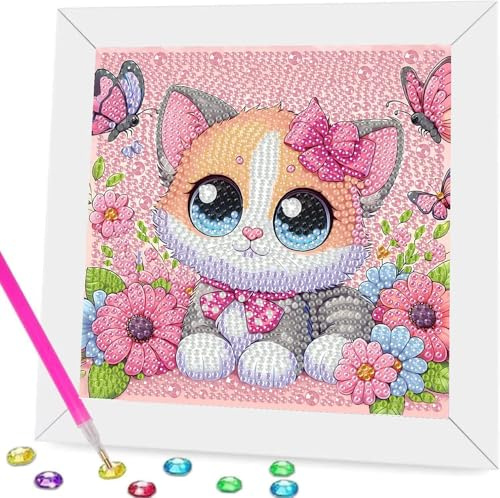 Fullständigt Diamond Painting 5D Katt-set, DIY-diamantmålning för barn, DIY-diamantmålning med katt med fotoram, väggdekoration, Kreativt present för barn 17x17cm
