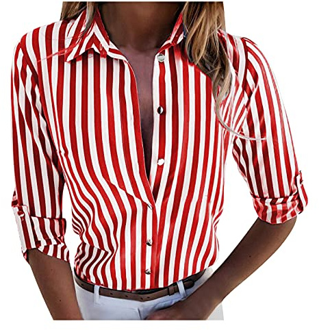 Camicie Donna Estive - Blusa Elegante Donna Curvy Maniche Lunghe Colletto A Revers con Bottoni Camicette Slim Fit Stampa A Righe Comodo E Leggero Casual da Lavoro Ufficio Camicette