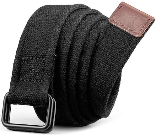 Bon4Extrao Cinturones de Tela para Hombre sin Agujeros, Doble Anillo Cavas Cinturón de Tela para Hombre, Cómodo, 38 mm, para Trabajo, Deporte y Ocio Viajes, Negro