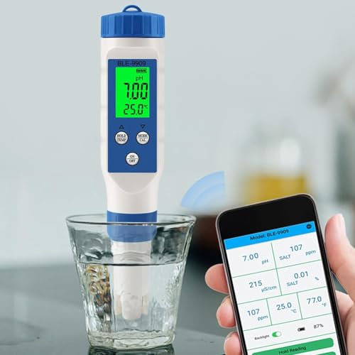 hocvseo PH-testare för vatten, 5-i-1 PH/TDS/EC/salinitet/temp-mätare, digital vattenkvalitetstestare, smart Bluetooth-pooltestare, för simbassäng, akvarier, hydroponik