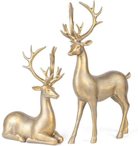KI Store 2 Pezzi Statuetta di Renna, Sculture di Animali, Statue Decorative Grandi, 20/30cm, Figura Decorativa di Cervo, Decorazione Natalizia di Renna, Renna in Resina Artificiale (Oro)