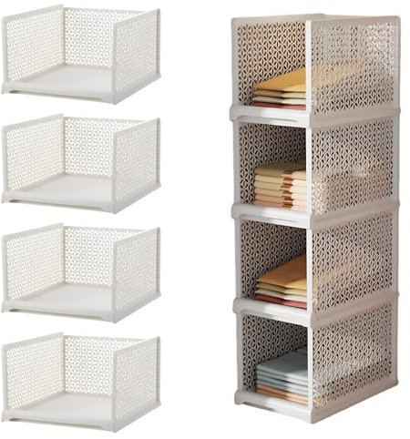 Uncle Yang Kleiderschrank Organizer Aufbewahrungsbox – Stapelbare Schubladenboxen aus PP – Faltbare Schrank Ordnungssysteme für Schlafzimmer Bad Küche Büro – Weiß 4er Set (Klein Hoch)