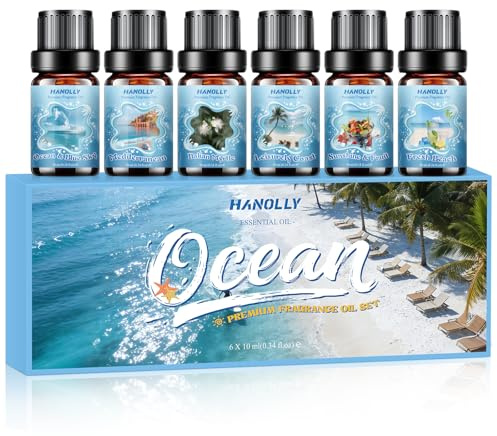 HANOLLY Oli Essenziali per Diffusori OCEANO 6x10ml, Olio Essenziale Naturali per Aromaterapia Massaggio Candele Fai da Te Profumo casa, Mare & Cielo, Mirto Italiano, Sole & Frutta, Spiaggia Viva