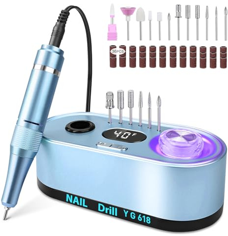 Urbuti Fresa per Unghie ,Fresa per Unghie Professionale 40000 giri Con 12 Testine di Levigatura, Display LCD, Controllo del Pulsante Illuminato,Silenzioso (Azzurro)