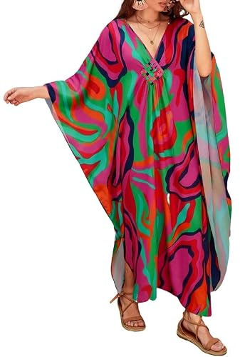 Bsubseach Women Solid Color Cover Up V Neck Batwing Sleeve Plus Size Beach Kaftan Dresses