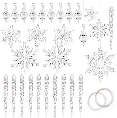 HOWAF 40 Piezas Adornos de Copos de Nieve de Cristal Acrílico Transparente Colgante de Árbol de Navidad Adornos Cristal Carámbano Copo de Nieve Colgando Adornos Navidad con Crystal Line