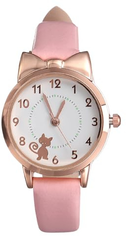 UKCOCO Montres pour enfants - Design mignon chat - Quartz - Bracelet en cuir - Montre analogique à quartz pour filles et étudiants, Rose, 21,5X2,5 CM, lanière