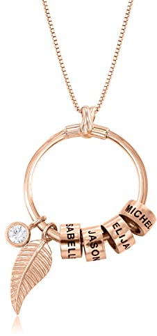 MyNameNecklace MYKA Personalisierte Linda Kreisanhänger-Kette mit Blatt und Beads™ aus Sterling Silber 925 / Vergoldet - Geschenk für Damen - Mutter - Freundin (Rosévergoldetes 925er Sterling Silber)